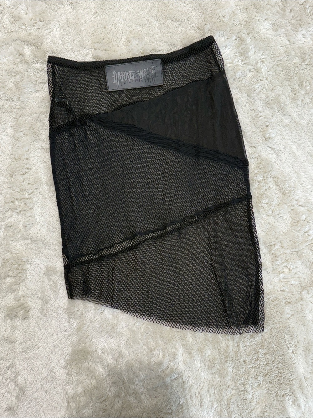 DARKER WAVS black mesh fishnet knit asymmetrical raw fray hem mini skirt - Picture 2 of 6